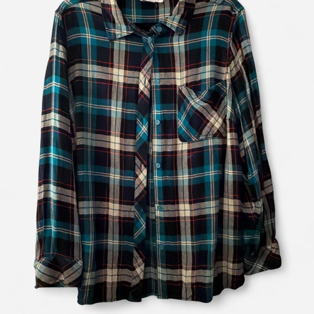 Beach Lunch Lounge brand. Gemtoned Blue, Black, Red, and White Plaid Flannel